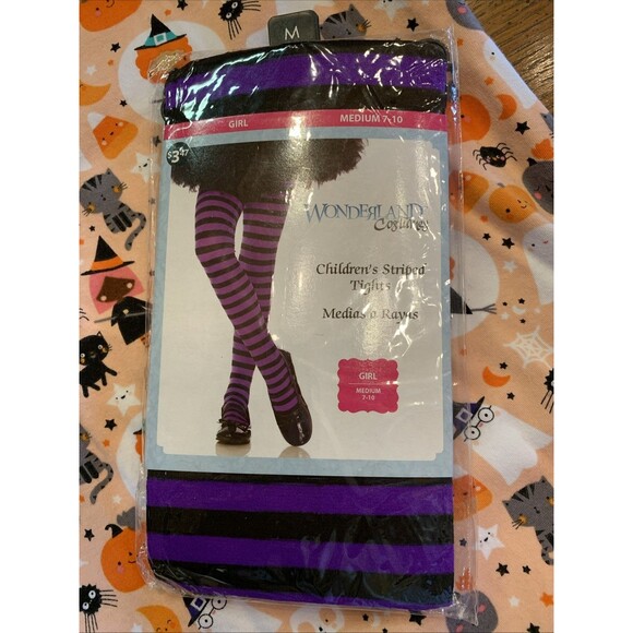 New!  Girl’s Medium 7/10 Halloween Shirt Dress & Striped Tights Adorable Bundle - Picture 2 of 9